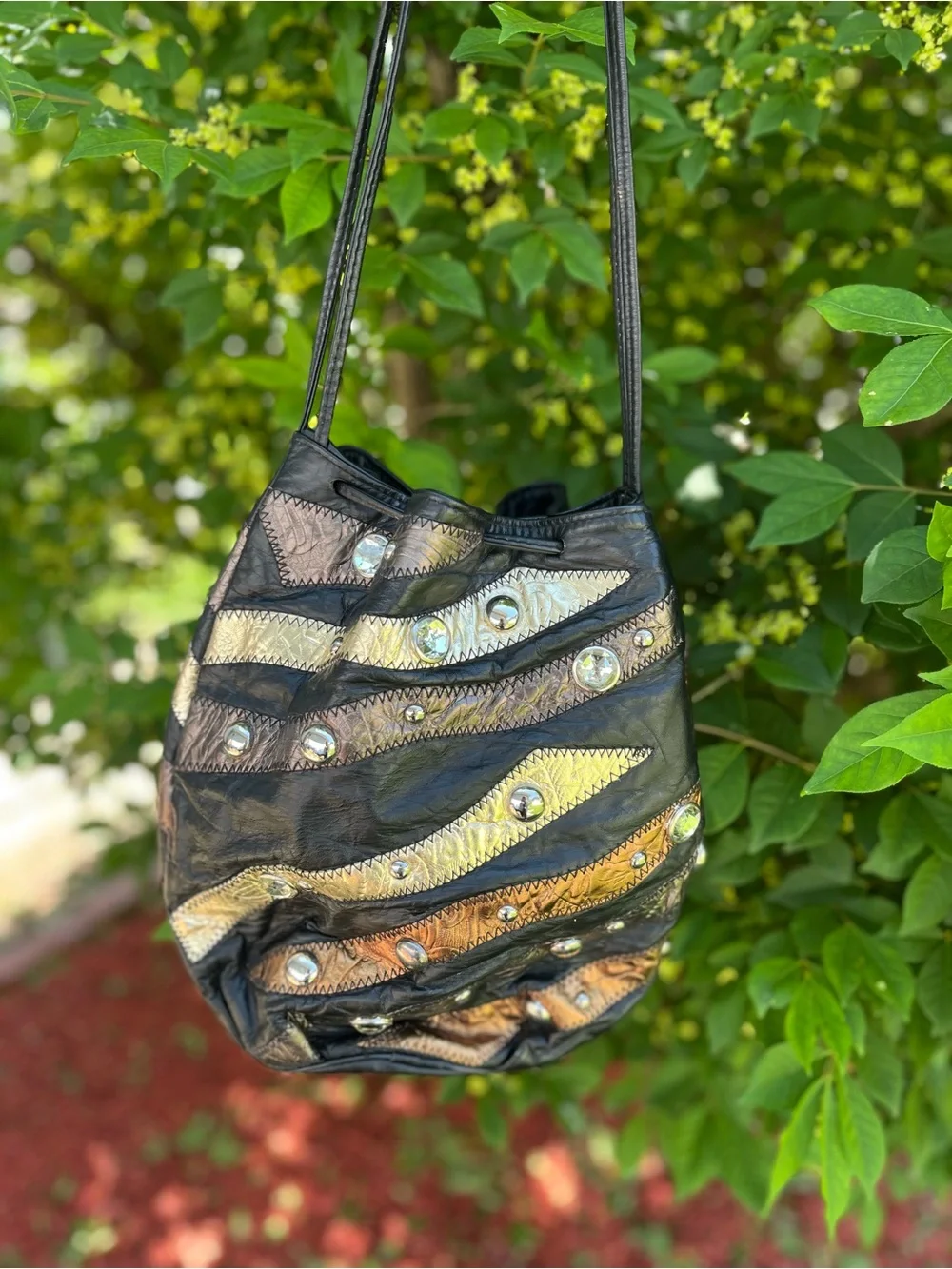 Bags by Pinky Metallic Rhinestones, Leather Drawstring Hobo Bucket Bag